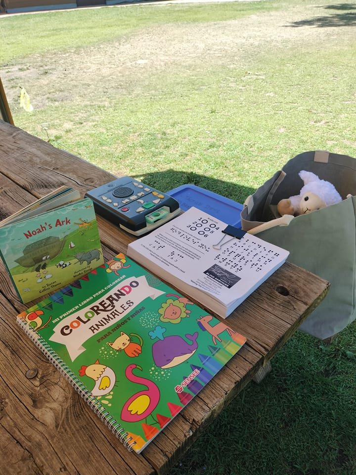 Learn braille sheets, audio player with bible and stuffed animal, Noahs ark board book in print and braille, and braille and raised line coloring book on a picnic table with grass in the background