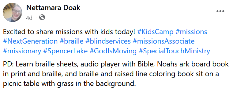 FB Post excited to share missions with kids today