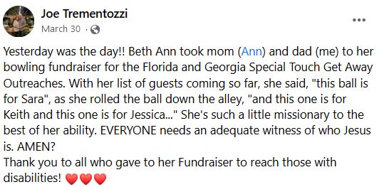 Facebook Post follow-up to Beth Ann's fundraiser.