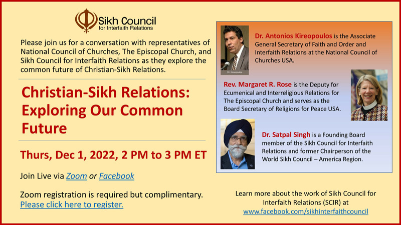 Register for Christian Sikh Relations Exploring Our Common Future Thursday Dec 1 2-3pm ET